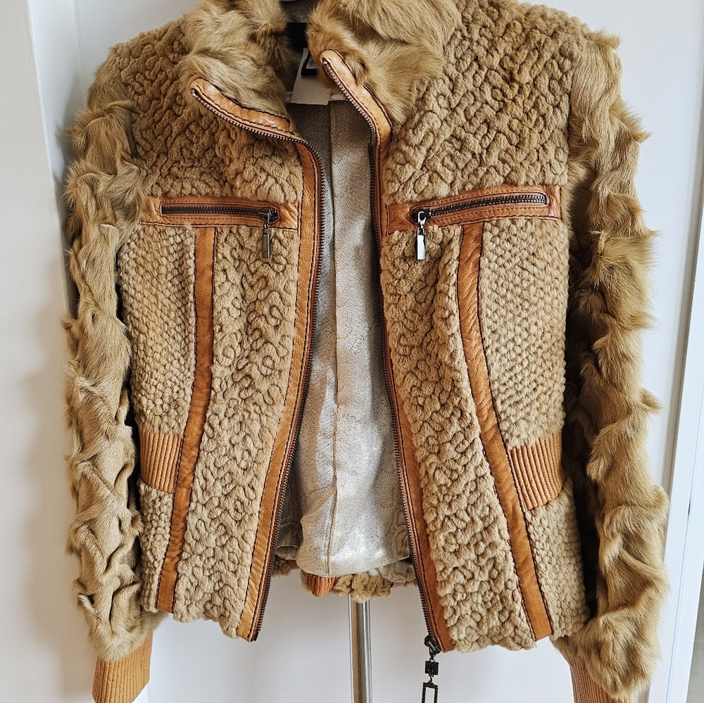 Just Cavalli Leather & Rabbit Fur Tan Jacket - Size 42 IT
